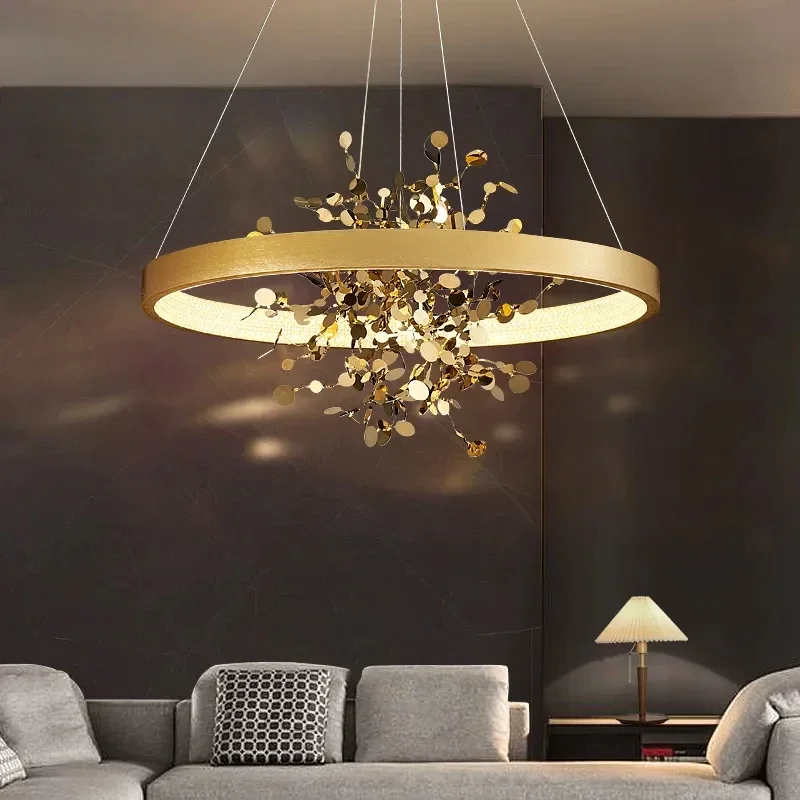 

Modern Gold Ceiling Chandelier for Dining Room Copper Round Ring Pendant Lights Cloth Store Coffee Decor