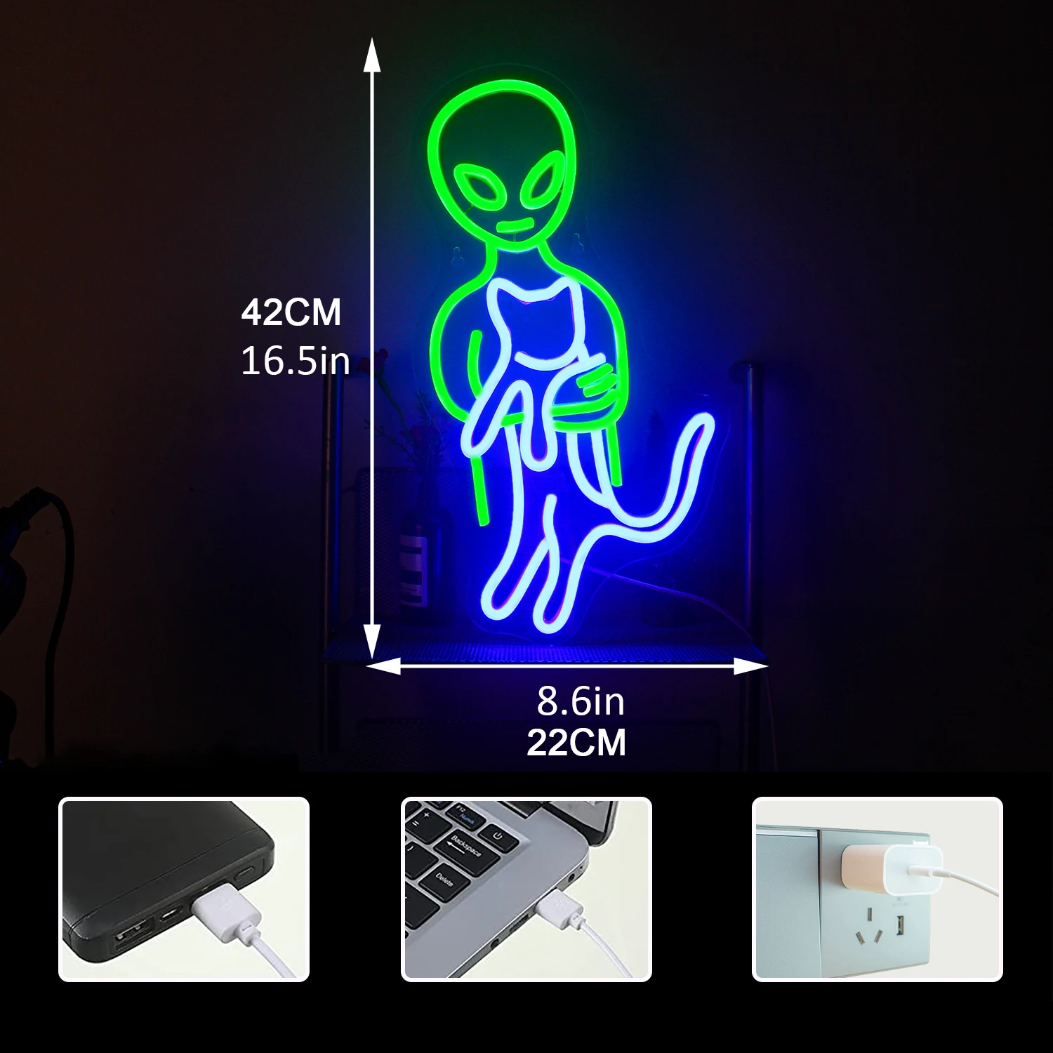 Imagem -04 - Cat Alien Neon Sign Led Decoração da Parede do Quarto Alimentado por Usb Acrílico com Interruptor Quarto das Crianças Decoração de Festa