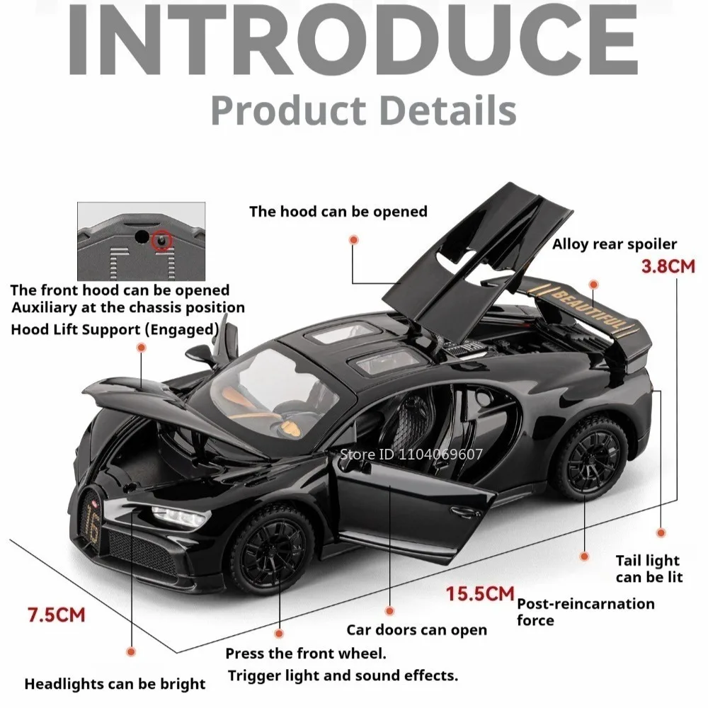 1:32 Chiron Atlantic Supercar Toy Models Alloy Diecast Doors Opened Exquisite Interior Pull Back Sound Light for Children Gifts