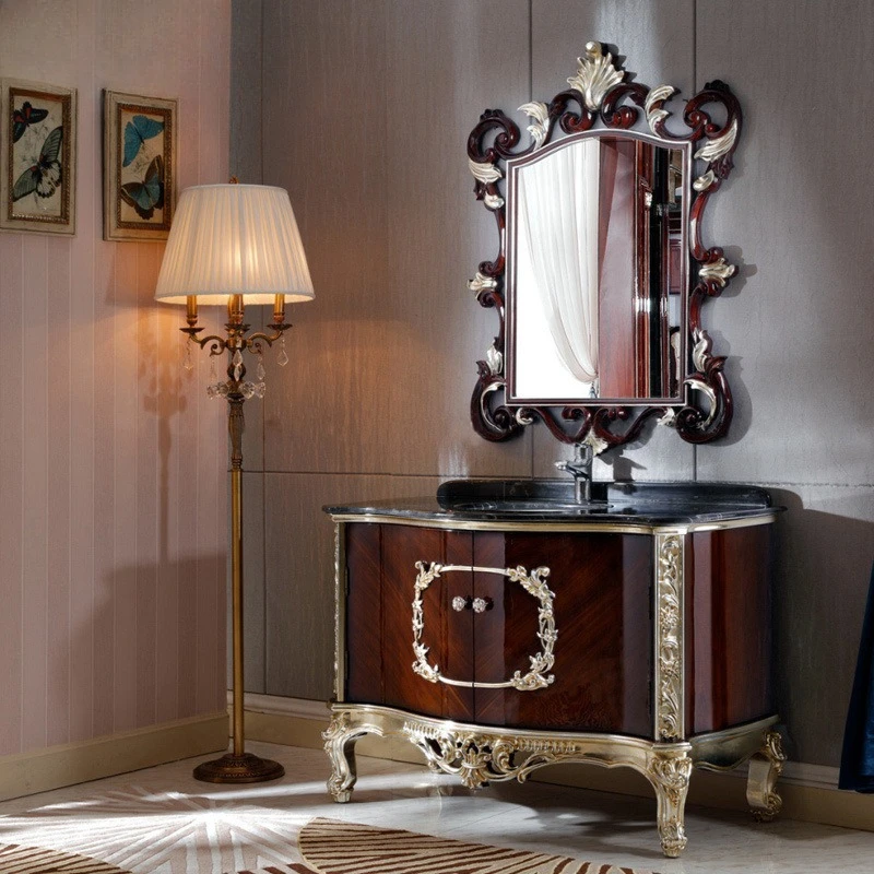 Luxury European bathroom furniture, marble surface with wash basin and faucet, wash basin