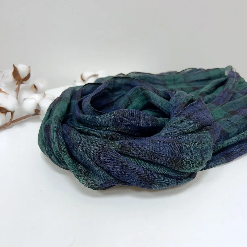 High Quality Pure Linen Lady Scarf Japanese Plaid Retro Green Breathable Shawls and Scarves