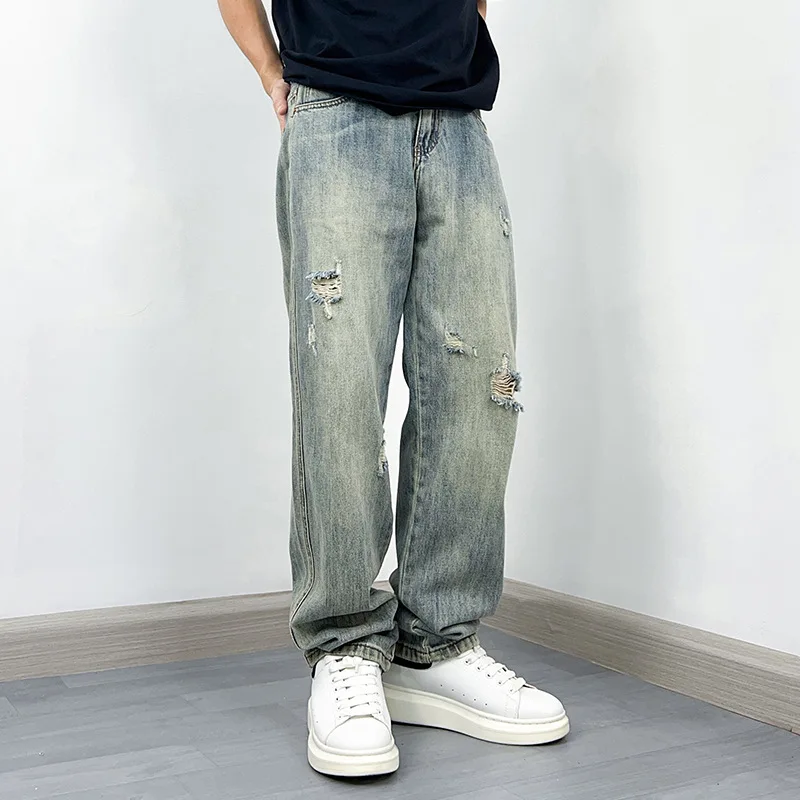

Men'S Retro Ripped Straight Leg Pants Slight Elasticity Mid Waist Baggy Y2k Jeans Wide Leg Pants Casual Denim Pants
