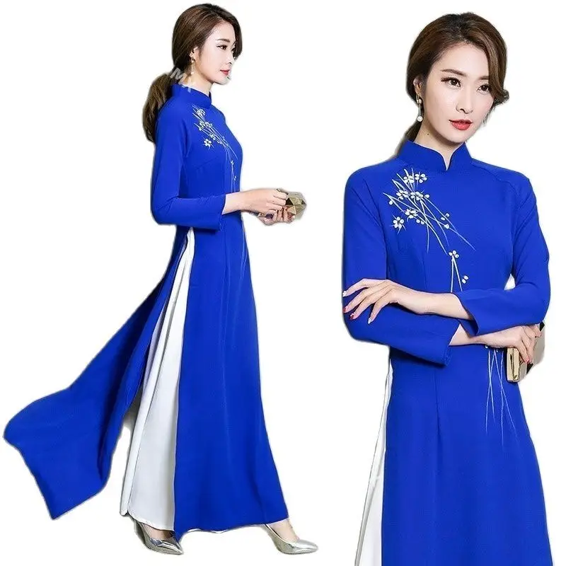 Traditional Vietnam Woman Retro Ao Dai Elegant Chinese Style Cheongsam Vintage Floral Festival Wedding Evening Qipao Dress