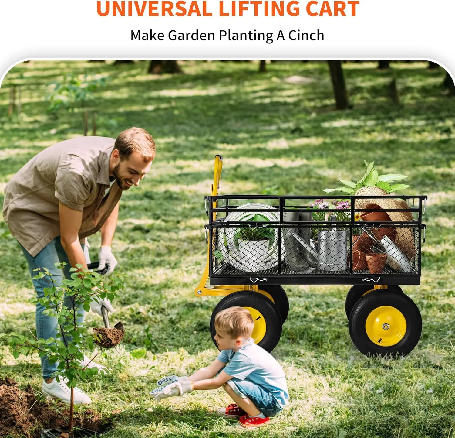 

Steel Garden Cart, Heavy Duty 1400 lbs Capacity, with Removable Mesh Sides to Convert into Flatbed