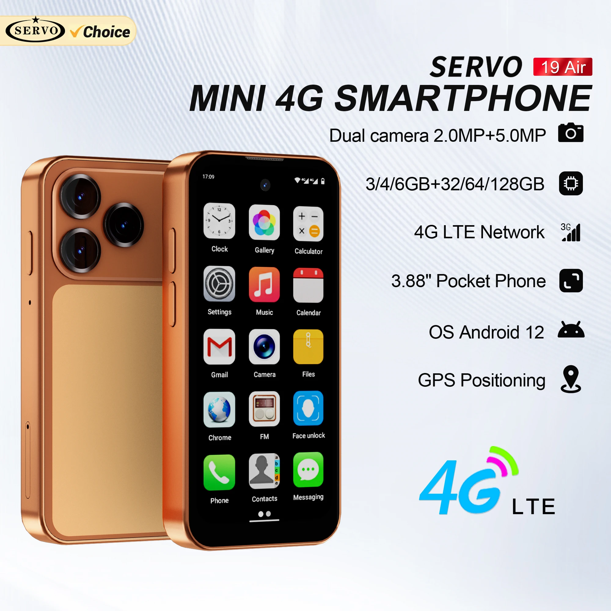 SERVO 19 Air 4G LTE هاتف ذكي صغير نظام أندرويد 12.0 6GB + 128GB Play Store Face Unlock GPS Dual SIM 3.88 "هواتف ذكية صغيرة