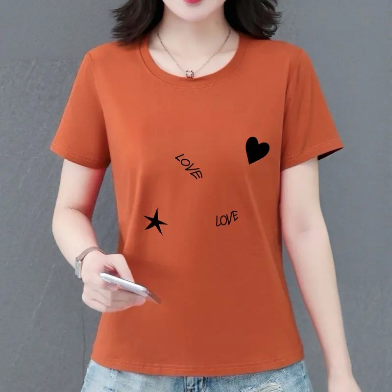 

Casual Loose Short Sleeve T-Shirt Women Summer Slim Fit Heart Print Versatile Anti-Aging Top Small Size Polyester Fiber