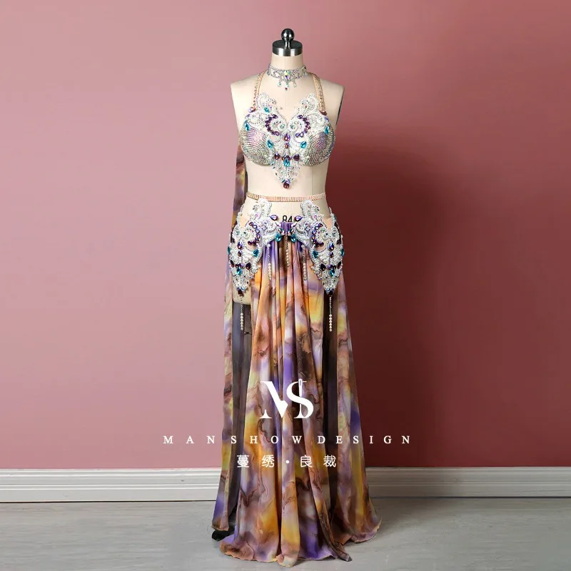Customized Belly Dancewear Rhinestone Accessories Group Stage Suit Performance Costume Belly Dancing Bra Tassel Split Skirt Set