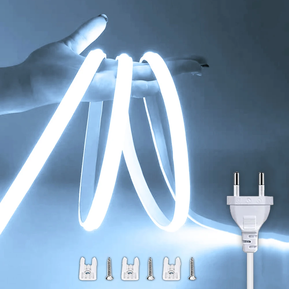 ON/OFF 스위치가있는 220V Led 스트립 방수 COB LED 스트립 220V 유연한 리본 룸 침실 주방 야외 정원 조명