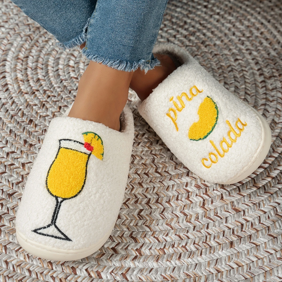 Pina Colada Embroidered Cup Pattern Women's Winter Slippers Warm Comfortable Indoor Anti Slip Leisure Home Plush Couple's Shoes image 4