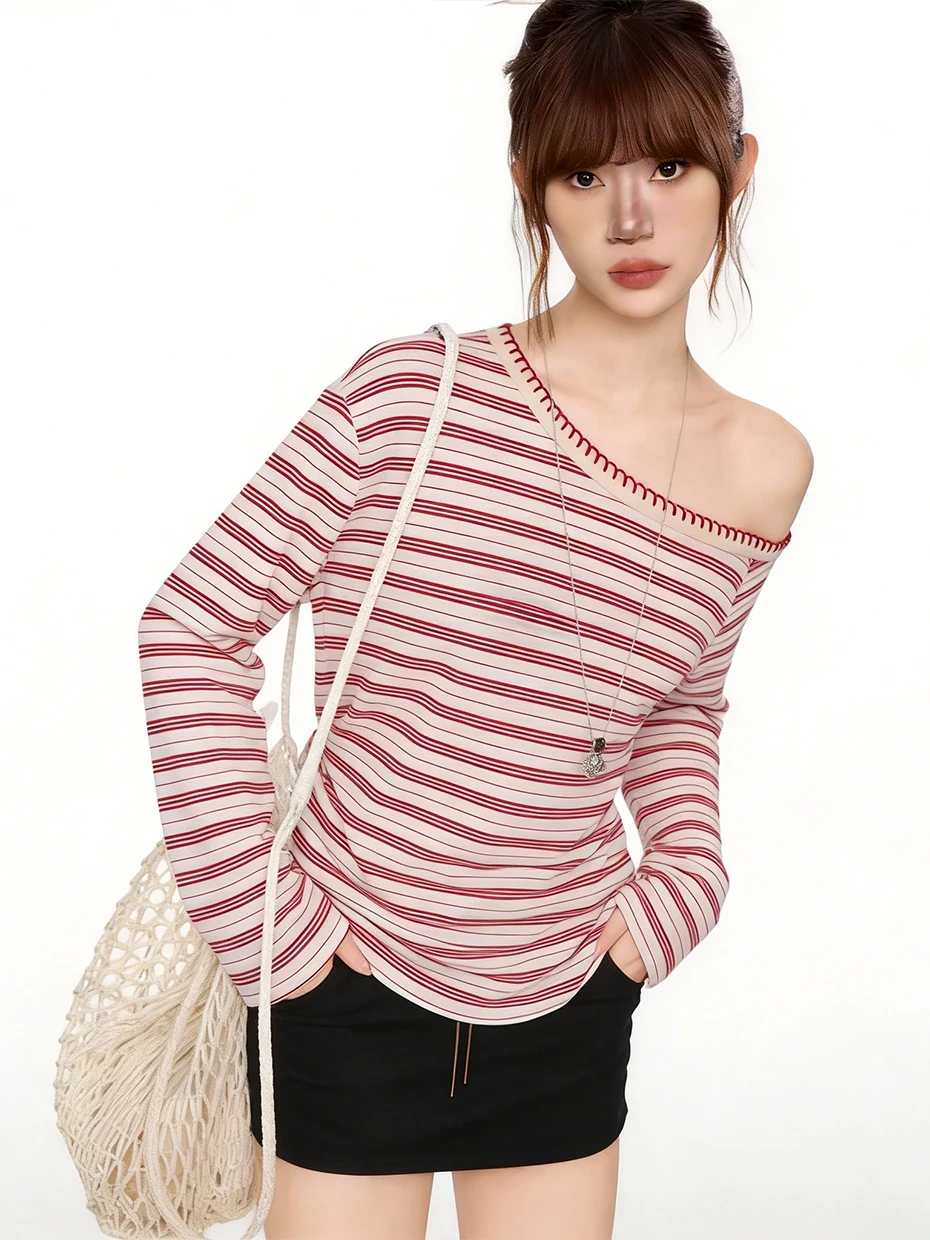 Women's Loose Long Sleeve T-shirt Stripe Design Casual Vintage Style Summer Top Shoulder Baring Detail Korean Fashion