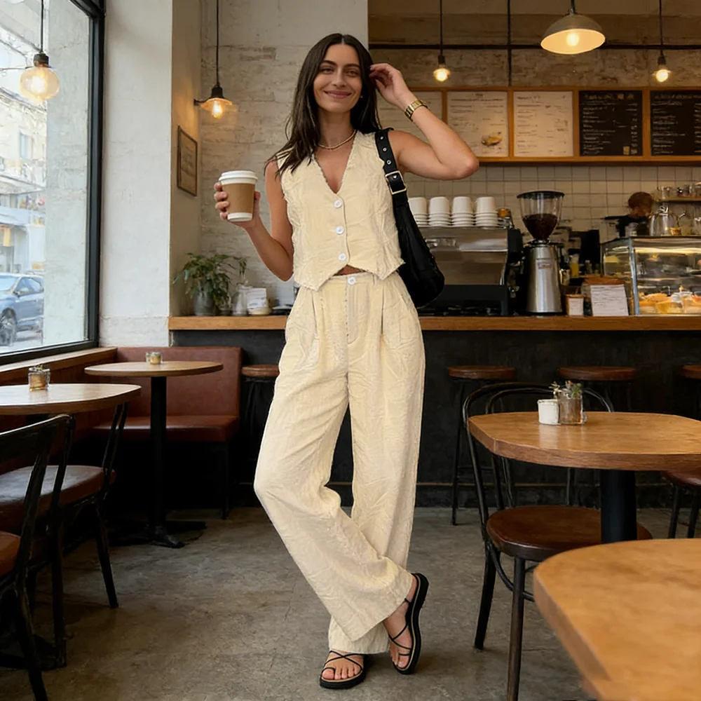 Summer Casual Sleeveless Vest and Wide Leg Pants Set for Women Lightweight and Breathable