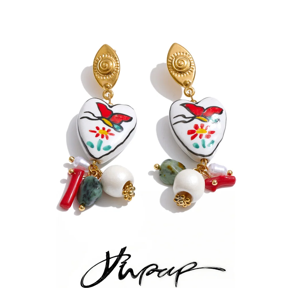 Yhpup Exclusive Design Stainless Steel Ceramic Heart Pearl Stone Drop Charm Earrings Fashion Chic New Arrivals French Jewelry