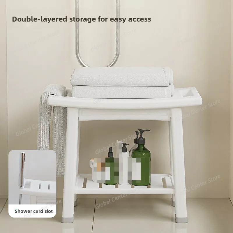 

Скамейка для душа из HDPE с 2-уровневыми отсеками для хранения и двумя ручками, водонепроницаемый стул с нескользящими накладками для бритья