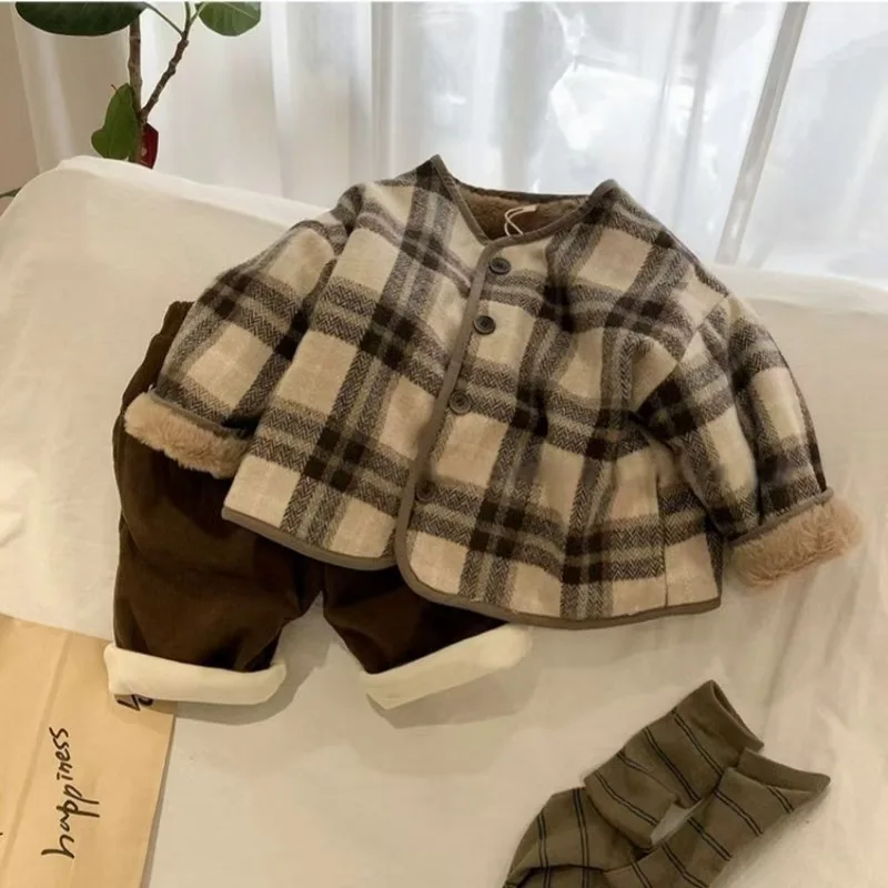 Winter Children Girls Woolen Coat Round Collar Plaid Toddler Kids Girls Outwear Jacket Loose Thicken Warm Infant Babys Girl Coat