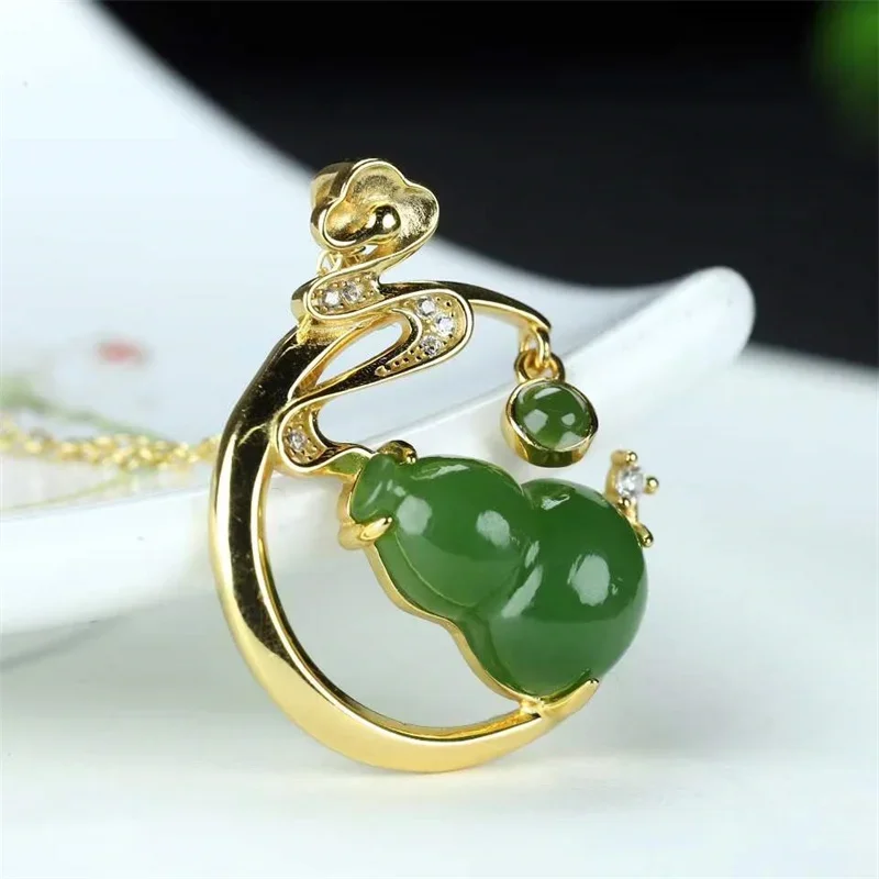 Hot Selling Natural Hand-carved Jade Inlaid 925silver Gufajin Fu Lu Necklace Pendant Fashion Jewelry Men Women Luck Gifts