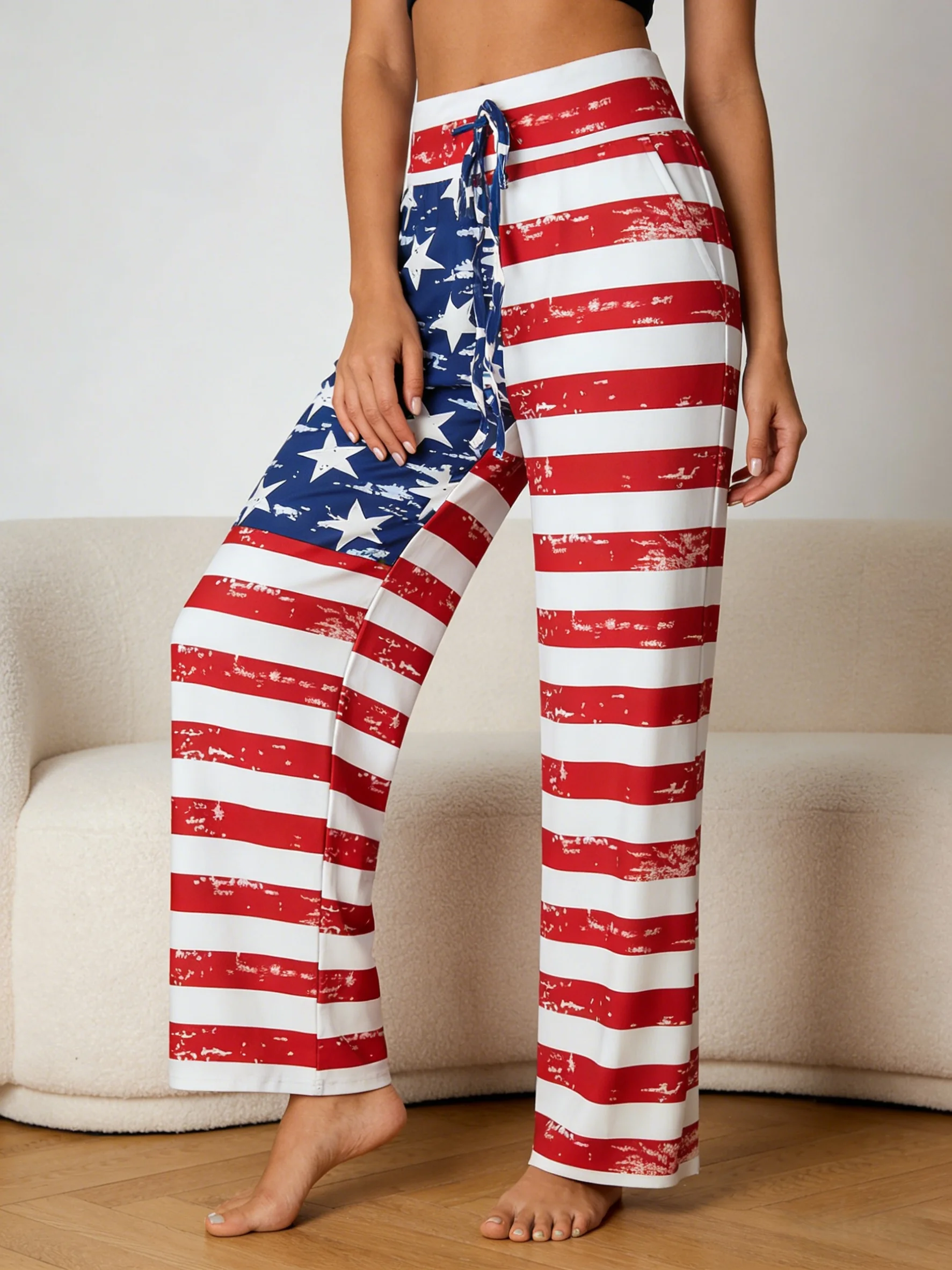 Pantaloni a gamba larga con bandiera USA da donna taglie forti Pantaloni comodi casual con coulisse elastica a vita alta