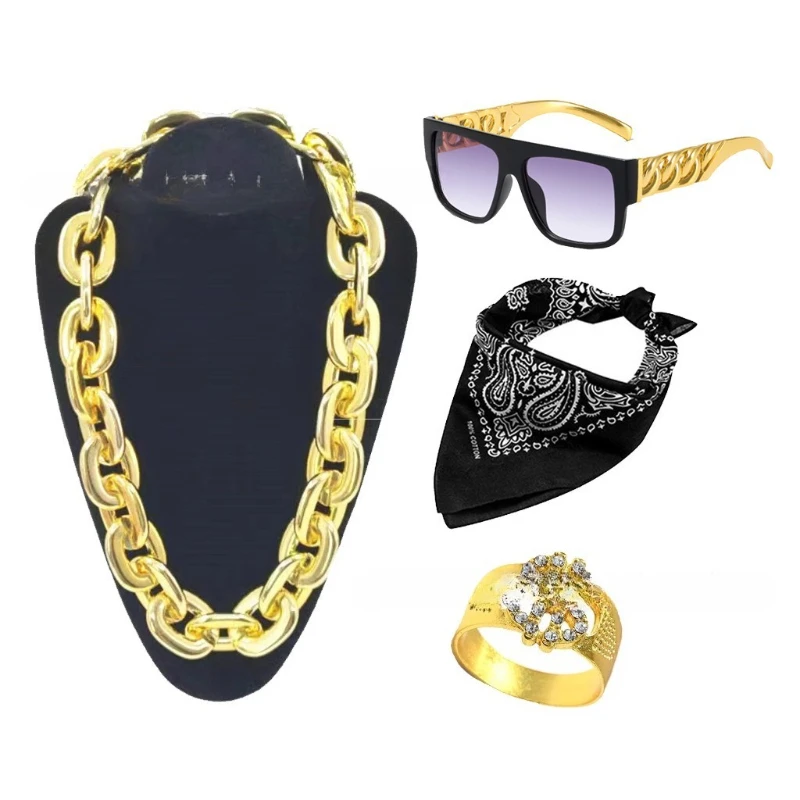 

Halloween and Christmas Vintage Men's Suits From The 1980s, Exaggerated Oversized Gold Necklaces, Sunglasses, and Ring Sets