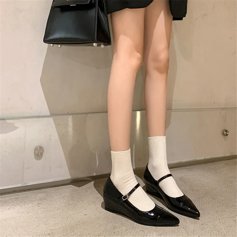 NCLIN 2024 New Women Genuine Leather Pumps Wedges High Heels Pointed Toe Basic Office Pumps Comfort Casual Shoes Pumps