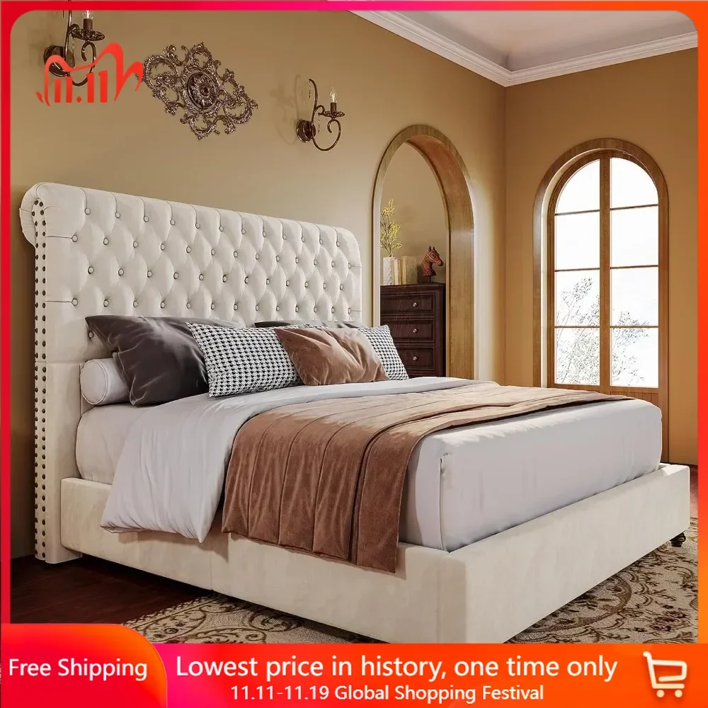 

King Bed Frame Upholstered Platform with 52.8'' Tall Sleigh Headboard, No Box Spring Needed, Easy Assembly, Bed Bases