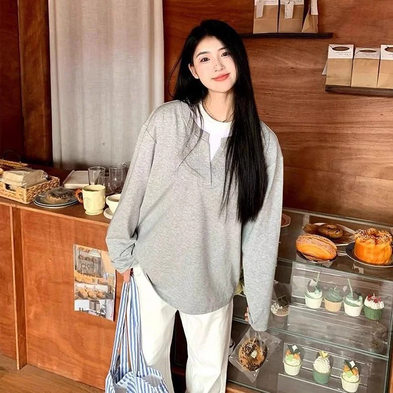 

plus Size V-Neck Long Sleeve T-Shirt Women's Spring Autumn Loose Base Shirt Color Block Fake Two-Piece Versatile plus Size Tee