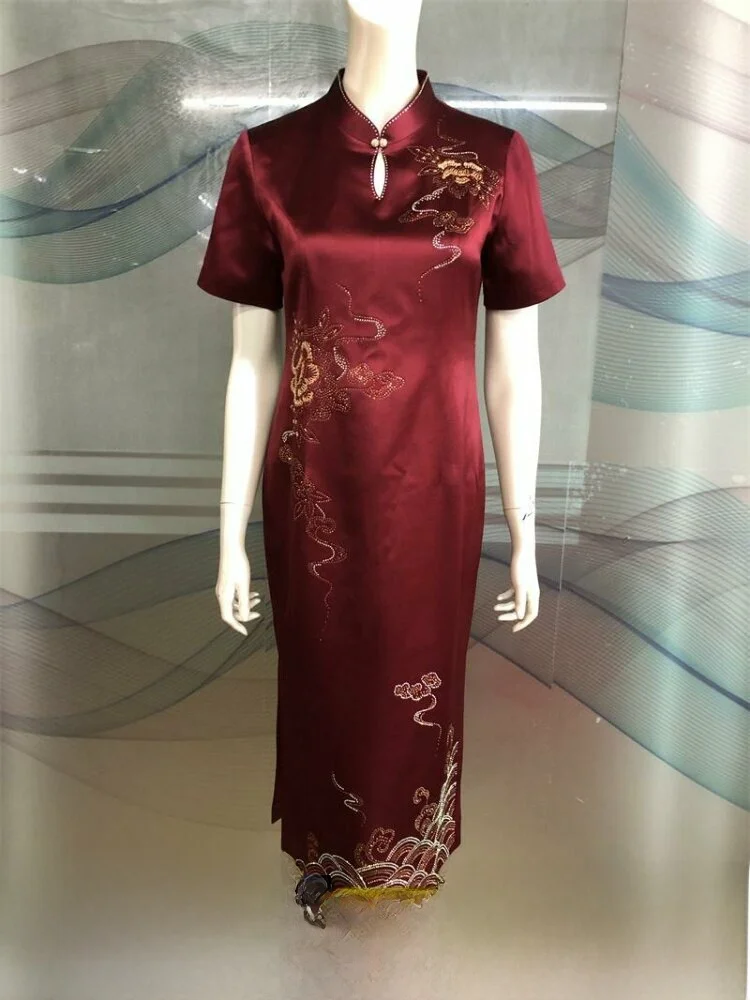 

Lite Red Mom's Dr High-End Acetate Heavy-Work Rhinestone Slit Wedding Banquet Toast Dr Ethnic Sle Long Qipao