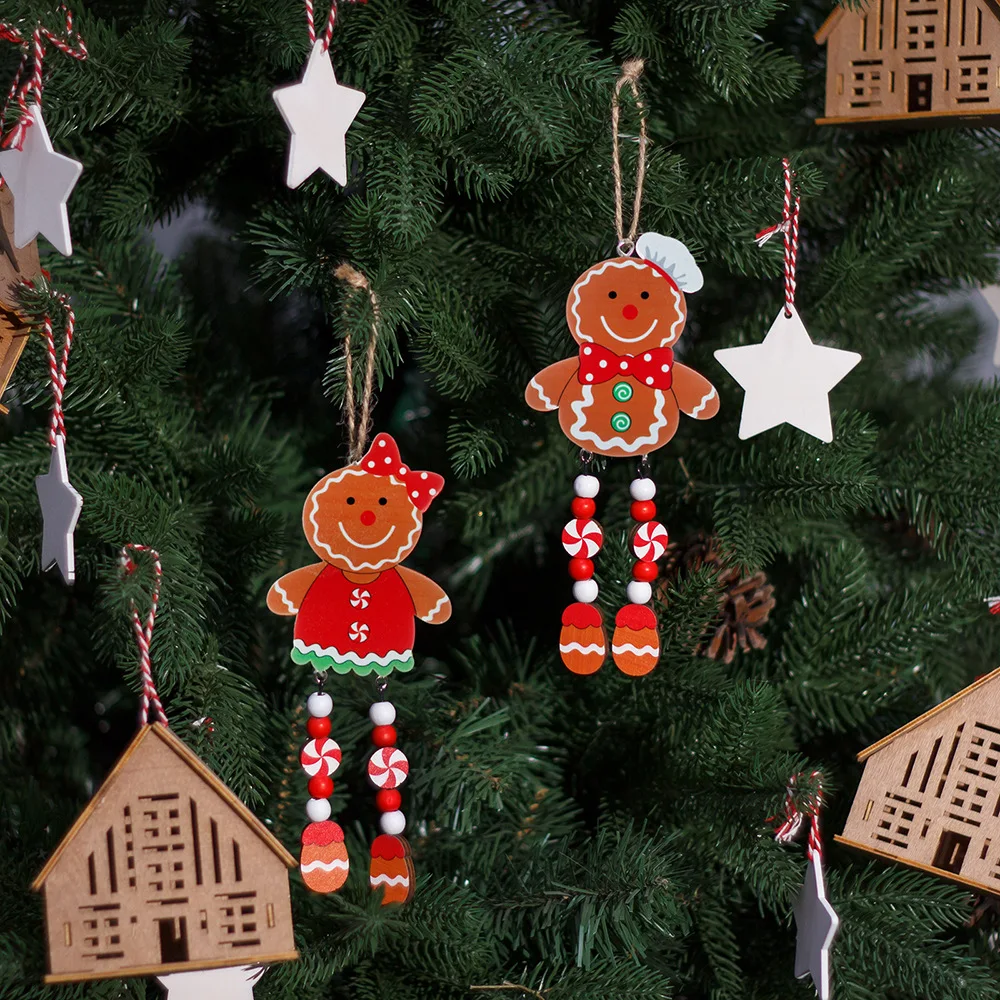 1/2pcs Christmas Tree Pendant Wooden Ornaments Pendant Festival Supplies Gingerbread Man Pendant Decorations Accessories