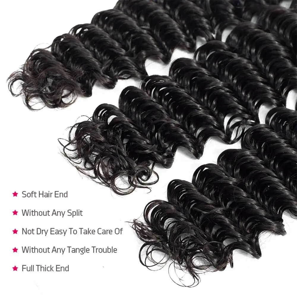 Mèches Brésiliennes Naturelles Remy, Cheveux Vierges, Deep Wave, 22 24 26 Pouces