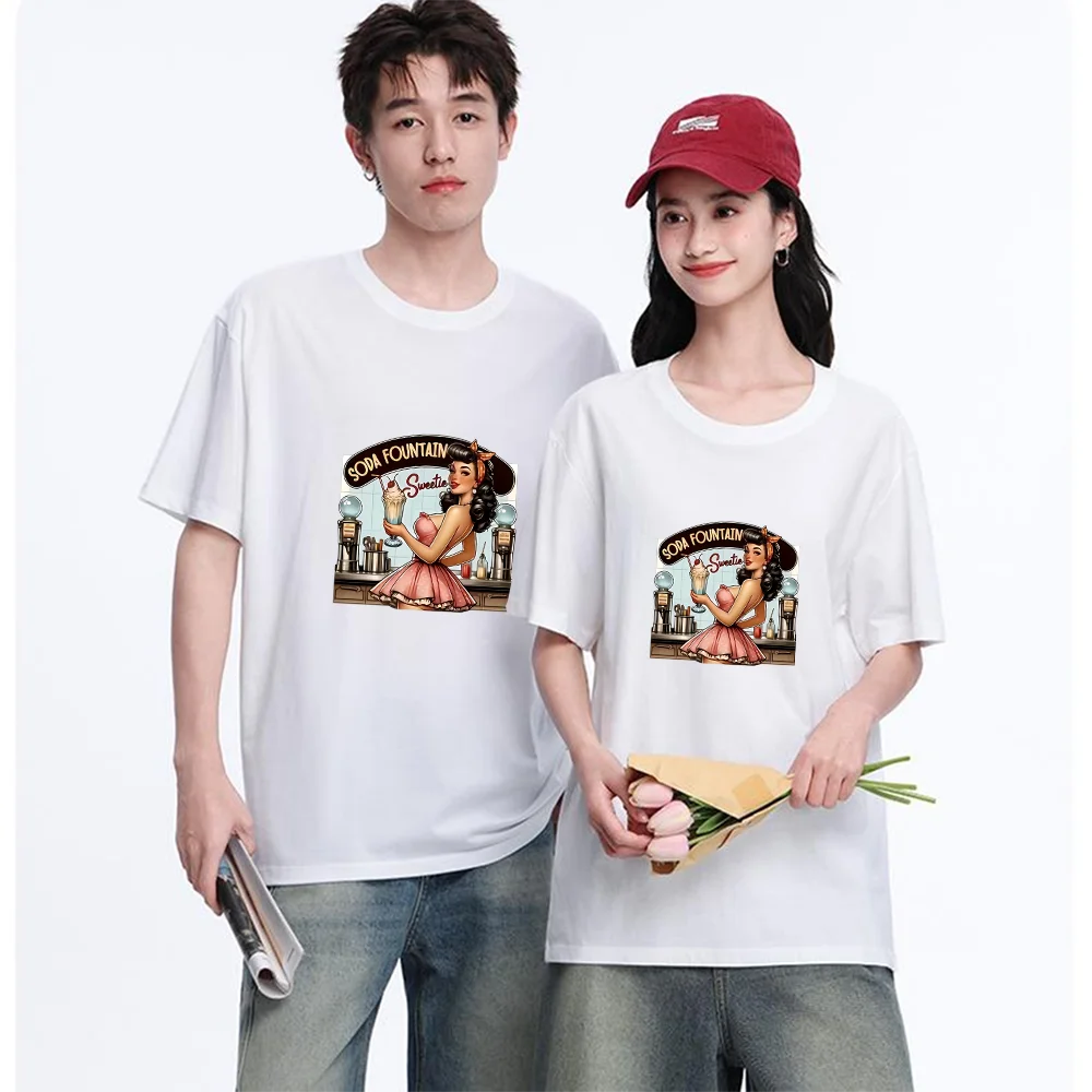Vintage Soda Fountain Pin Up Girl Printed T Shirt Cotton S-XXL Personalized Custom Casual Short Sleeve Tee Unisex Fit Breathable