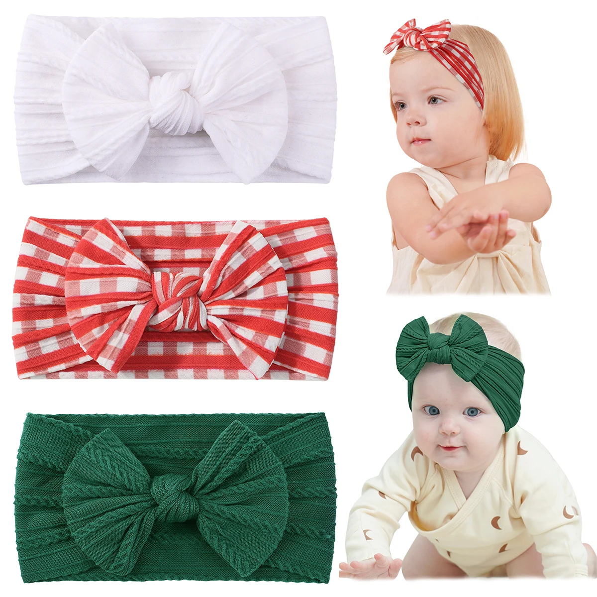 

3pcs/set Baby Girls Christmas Plaid Knot Bows Headband Set Cute Nylon Wide Turban Wraps Hair Accessories for Infants