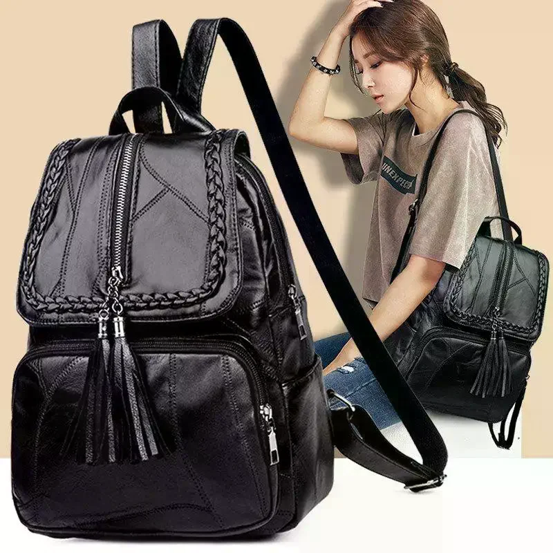 Mini Men's Backpack Fashion Black PU Leather Tassel Shoulder Bag Lightweight Casual School Backpack for College Students