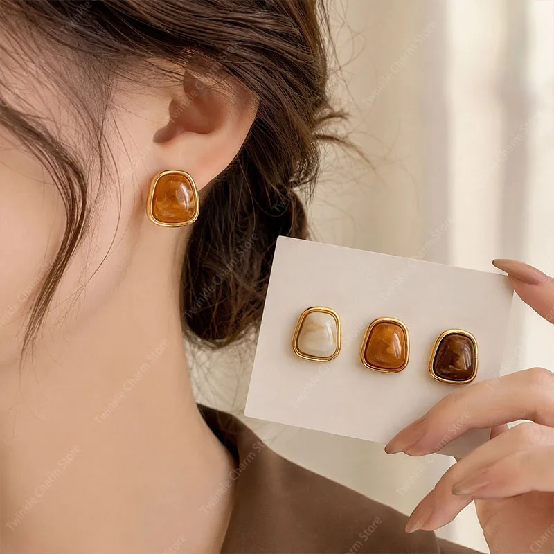 Irregular Geometric Vintage Coffee Amber Color Square Resin Stud Earrings for Women Girls Earrings Jewelry Trendy Accessories