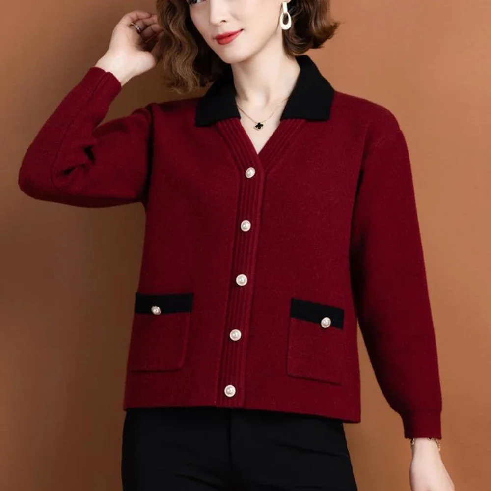 Ladies Sweaters Polo Collar Red Winter Button Knitted Top for Women Cardigan Tall Tops Modern Korean Style Long Sleeve New In