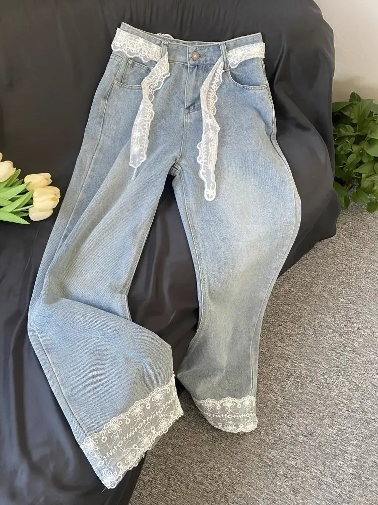 Calças de Denim de Cintura Alta com Detalhes em Renda Retro Americana para Homens e Mulheres Moda de Verão Calças Largas e So...