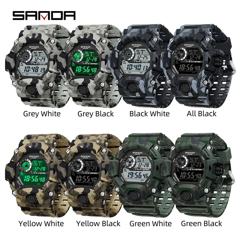 SANDA 2183 Electronic Watch Fashion Military Camo Waterproof Outdoors Sports Digital Display Silicone Strap Wristwatchs for Men