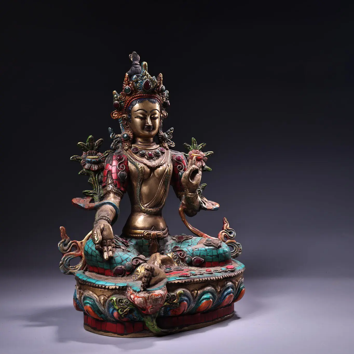 Old Copper Gem Inlaid Painted Gold Highlight Tibetan Green Tara Statue Fine Craftsmanship