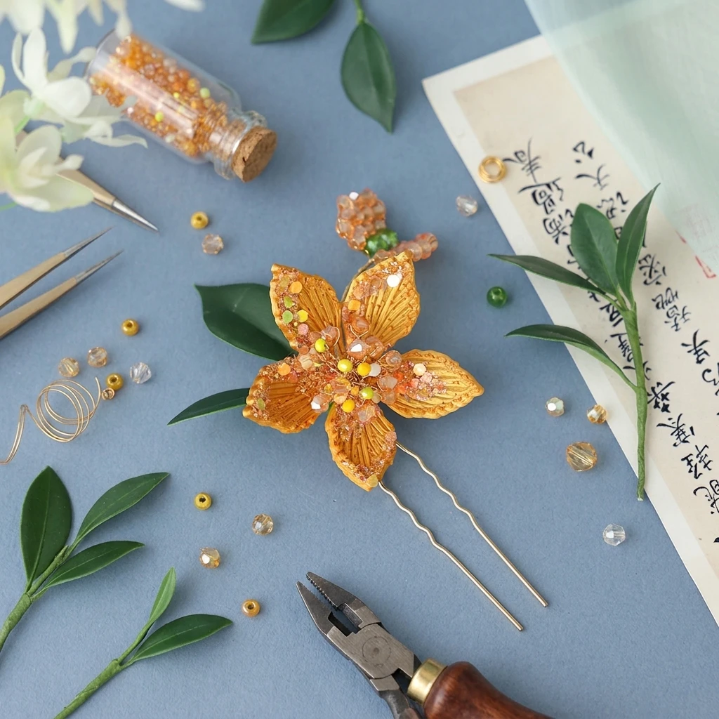 Vintage Yellow Flower Hairpin ChineseBridal Hair Accessories Beads U-shaped Hair Clips Classic Xiuhe Choengsam Decor Hair Clasp