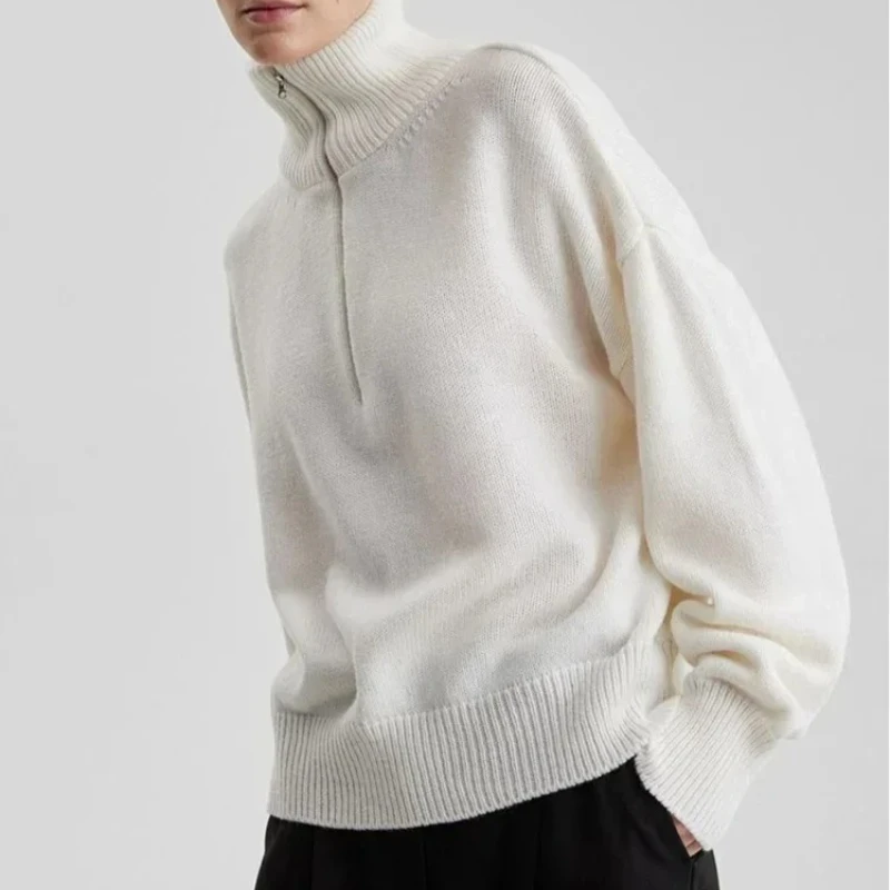 

Elegant Women's Turtleneck Winter Warm Sweater Fashion Solid Loose Tops for Women Simplicity White Blue Zipper Knitted Sweater