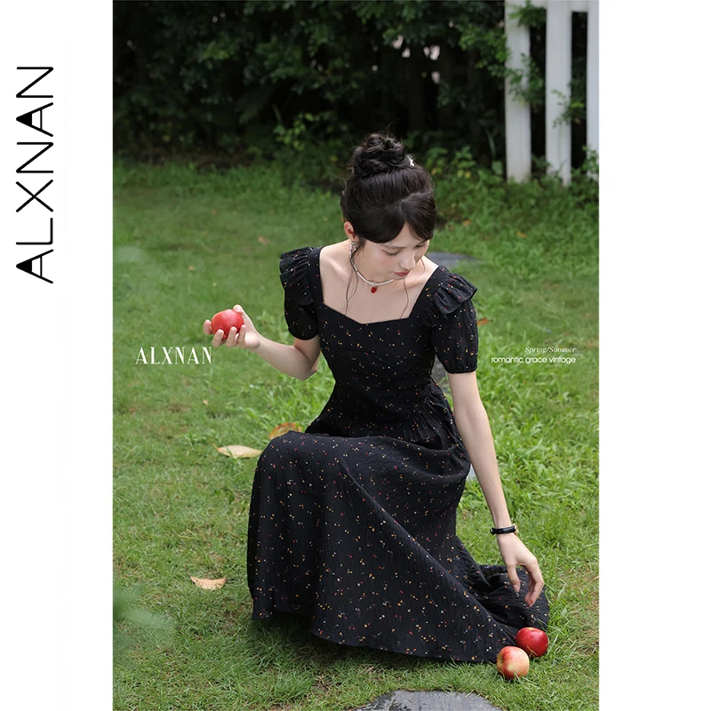 ALXNAN Women's Black Floral Dress Elegant Long Square Neck Puff Sleeve Dresses 2025 Summer Casual Party Female Clothing L56011