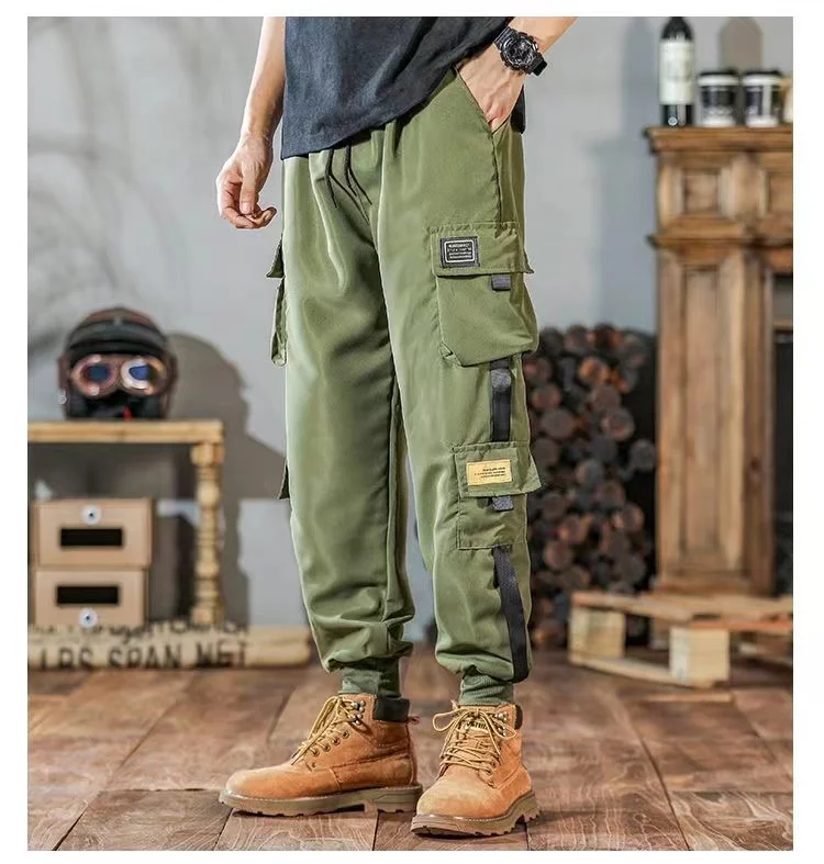 Men\'s Cargo Pants Casual Hip Hop Hit Color Multiple Pockets Trousers Streetwear Ribbons Techwear Sweatpants