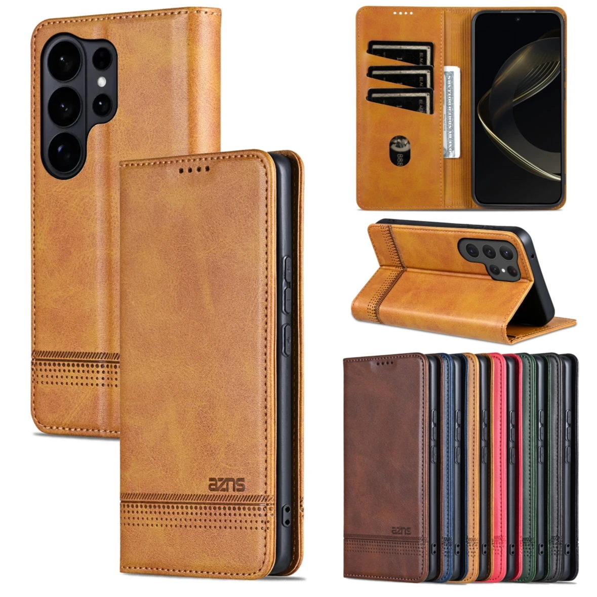 Magnetische Leder-Handyhülle für Samsung S26 S25 Edge S24 Ultra S23 S22 S21 FE S20 Plus 5G mit Kartenfach, Brieftasche und Flip-Book-Cover