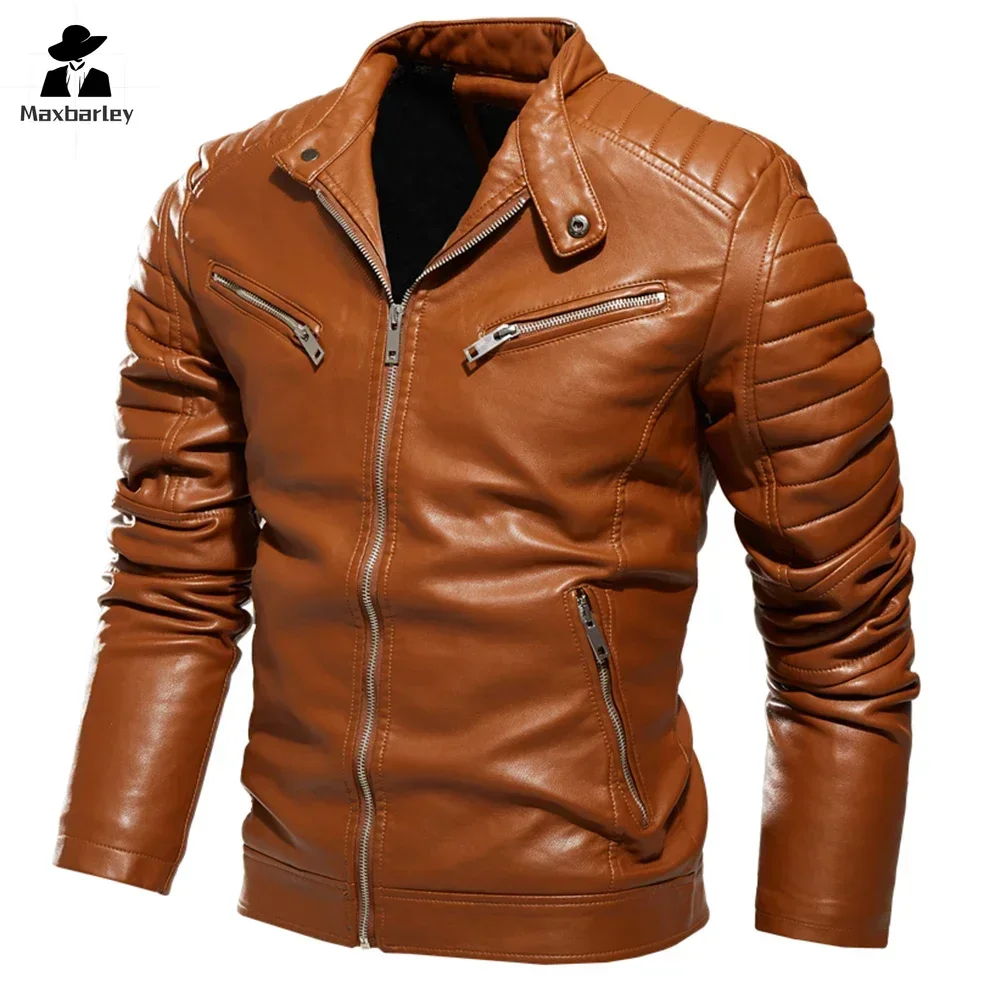 Luxury Leather Jacket Men\'s Winter New Fur Lining Warm Motorcycle Jacket Slim-fit Street Retro Black Leather Coat Slant Zipper