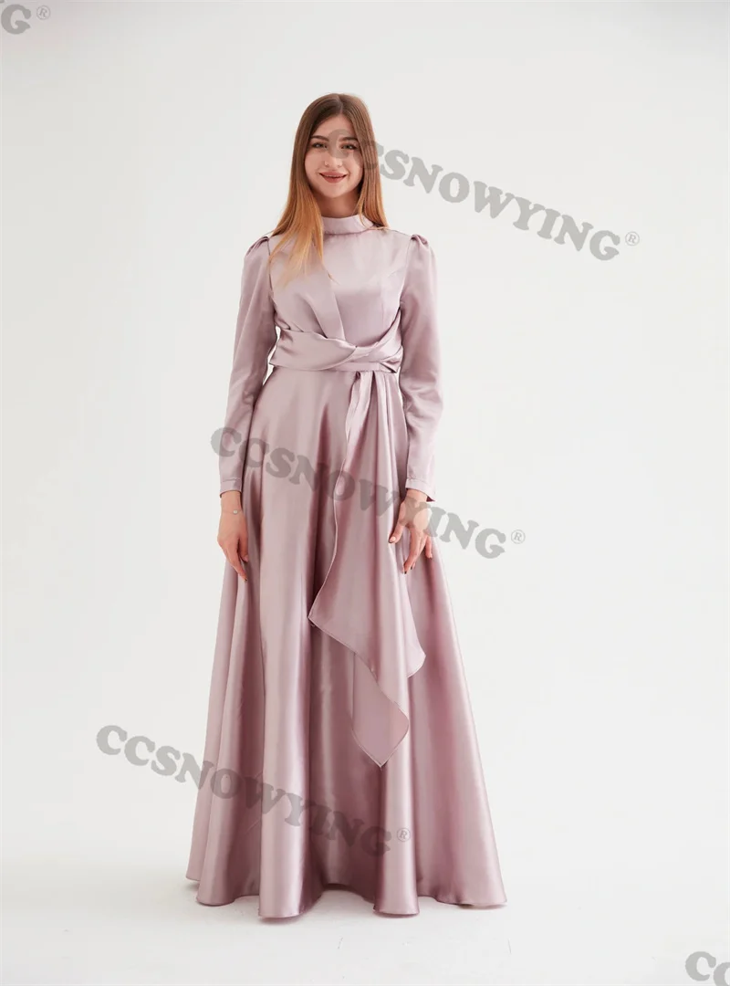 

Solid Color Simple Satin Muslim Evening Dresses Long Sleeve Islamic Formal Party Gowns High Neck Women Arabic Robes De Soirée