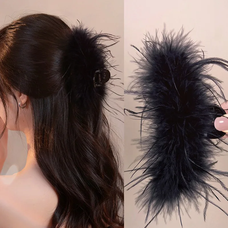 Grampo de cabelo de penas outono inverno preto branco tubarão clipe feminino meninas acessórios para o cabelo festa temperamento pino de cabelo coreano cocar