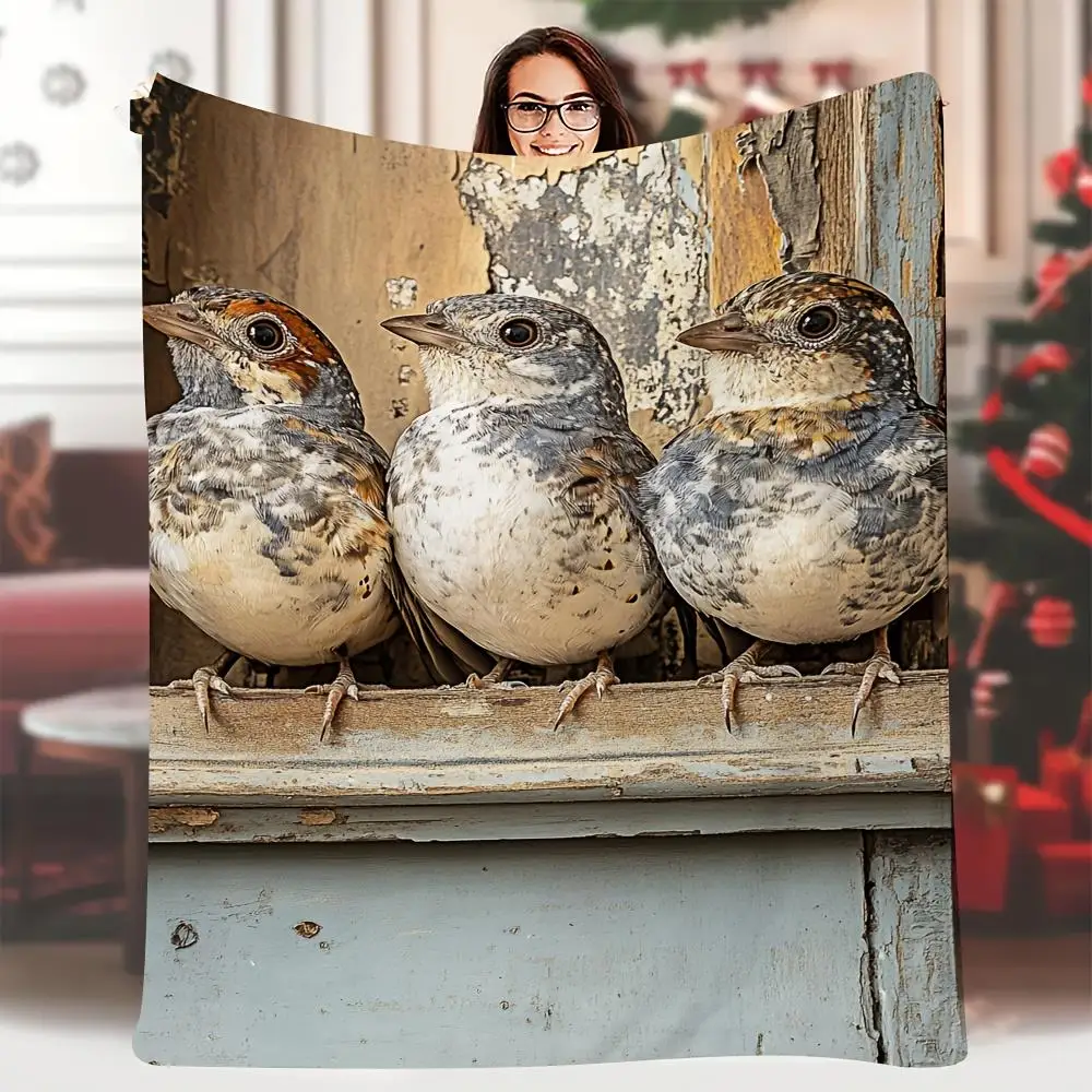 Retro sparrow pattern Flannel printed blanket suitable for all seasons suitable for living room office sofa and travel
