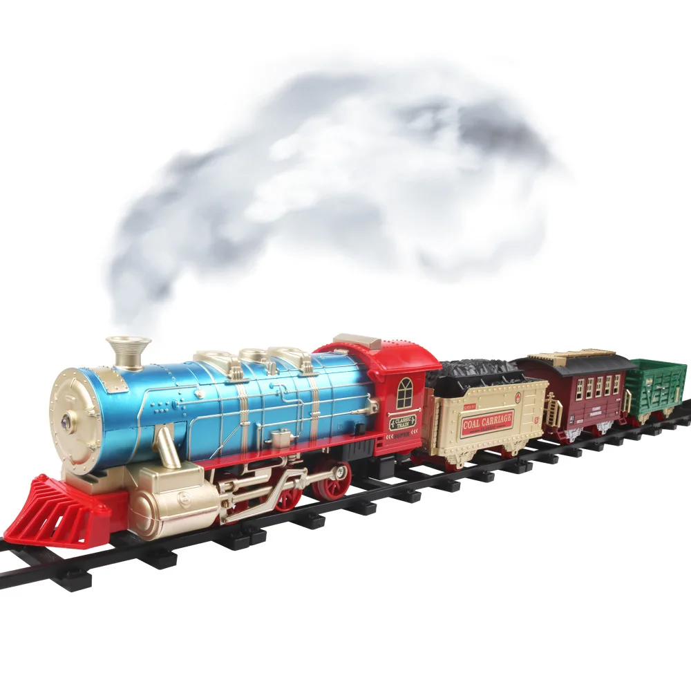 Simulação trem elétrico brinquedos ferroviário carro trem a vapor modelo com luzes som água vapor brinquedo menino presentes de natal