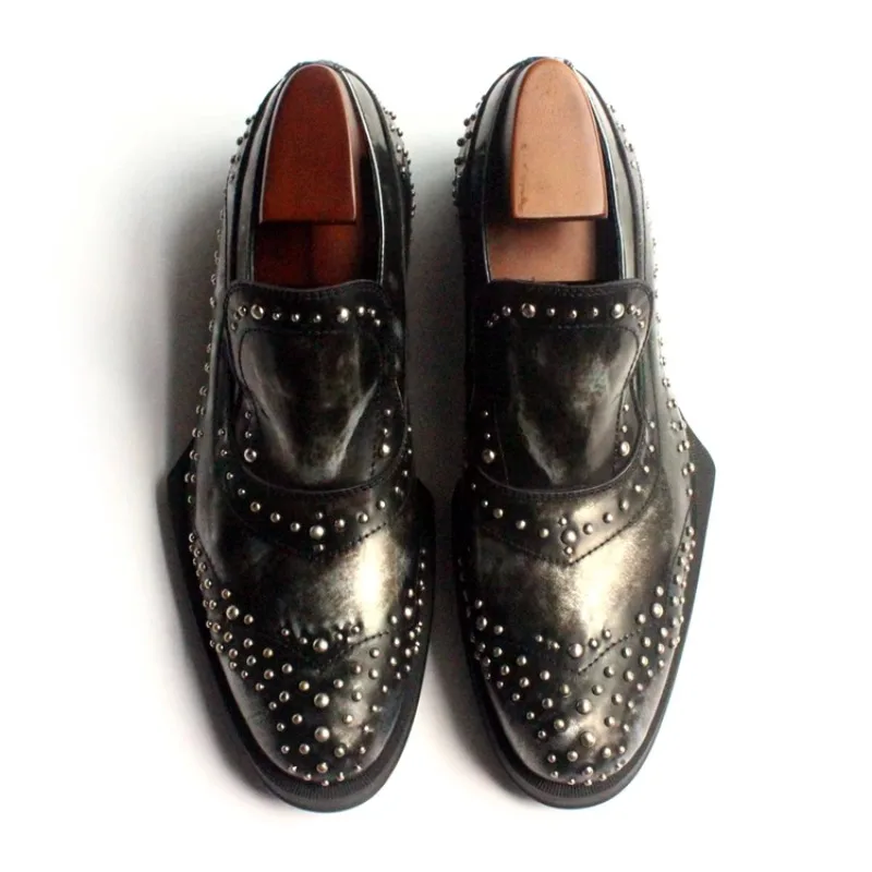 New Shaped Heel Fashion Rivets Leather Shoes Men Handmade Genuine Leather Dress Slip on Loafers Oxfords Office Male Shoes
