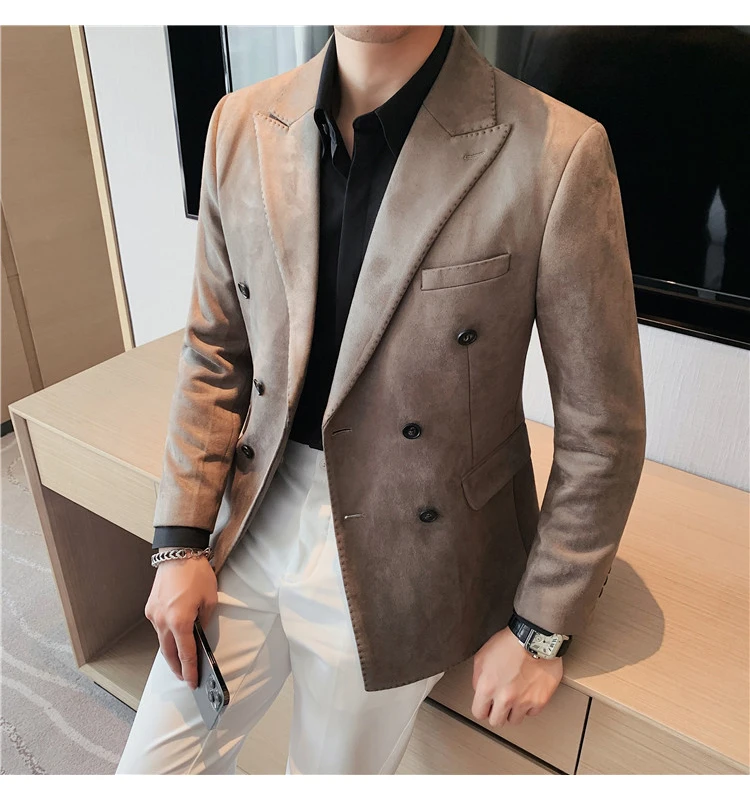 

Classic Suede Blazer Men Slim Fit Korea Designer Casual Jacket Coat 4XL Chaqueta Hombre Double Breasted Suit Blazer Homme Winter