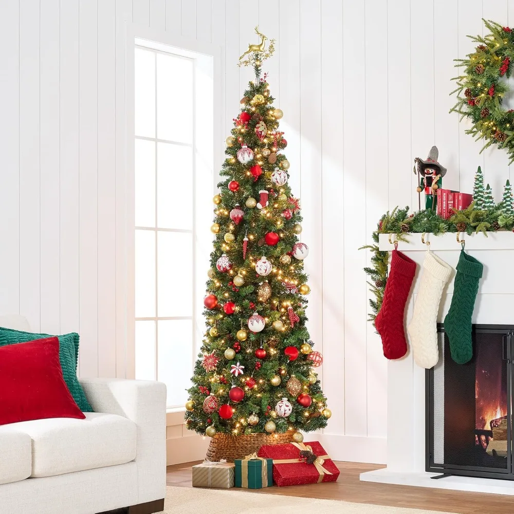 

12ft Pre-Lit Spruce Pencil Christmas Tree Pre-Decorated for Home, Office, Party, Holiday Decoration