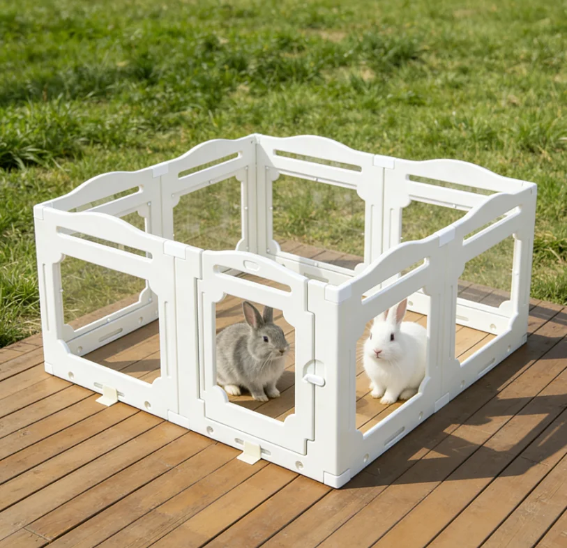 Rabbit Cage Indoor& Outdoor  Movable Transparent Kennel Button Closure Solid Pet Playpen Rabbit Fence