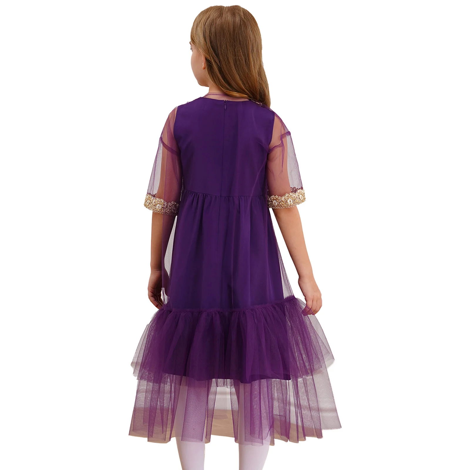 Kids Girl Glittery Embroidered Applique Trim Tulle Cloak Elegant Short Sleeve Open Front Ruffled Dress for Wedding Party Banquet image 2